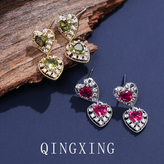 Châu Âu Mỹ ins Phong Cách Mới Đỏ Corundum Trái Tim Tình Yêu Bông Tai Nữ