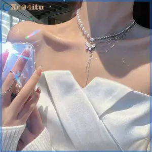 XOITU Sáng Bóng Pha Lê Bướm Nelace Tinh Tế Nhiều Lớp Ngọc Trai Xương Đòn Dây Buộc Cho Nữ 2022 Xu Hướng Trang Sức Thẩm Mỹ VN