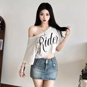 Hợp Thời Trang In Off-Waist Short Top xiên Vai Độc Đáo May Không Đều Viền Nhóm Cô Gái Khiêu Vũ Hàng Ngày Áo Thun Phù Hợp