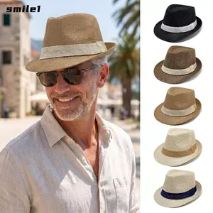 Mũ Jazz SMILE, Mũ đi biển vành rộng màu trơn, Khóa thoáng khí thời trang Mũ che nắng sọc dệt Mũ nam nữ