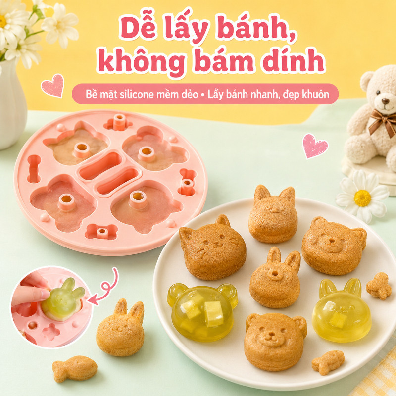 Bộ Khuôn Silicon Hình Dễ Thương - Làm Đậu Hũ & Đồ Ăn Dặm Cho Bé, Có Nắp Đậy Tiện Lợi, Chất Liệu An Toàn Được Kiểm Định