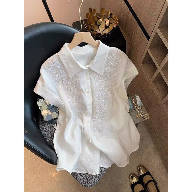 [Hàng mới về] Áo sơ mi ngắn tay thêu Sequin công nghiệp cao cấp kiểu Pháp dành cho nữ mùa hè Phong cách dịu dàng Ngọt ngào Tính khí