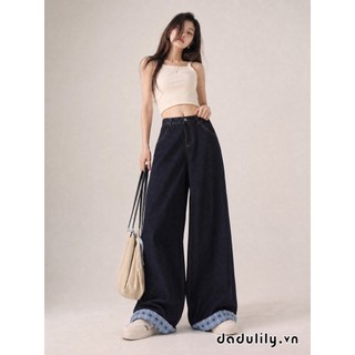 DADULILY Quần Jean Khâu Kẻ Sọc Cổ Điển Uốn Cong Quần Ống Đứng Rộng