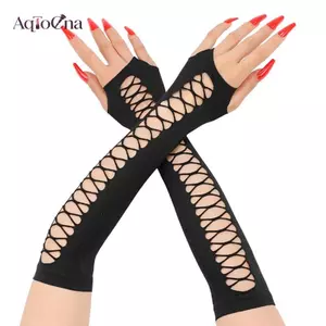 AqToCna Vintage Đảng Cosplay Lưới Co Giãn Găng Tay Hộp Đêm Nhảy Múa Nửa Ngón Vui Vẻ Fishnet Găng Tay Nữ Dài Lỗ Gãy Tay Tay AqToCna