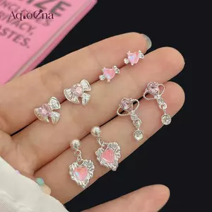 AqToCna 1 Bộ Hàn Quốc Dễ Thương Hồng Pha Lê Trái Tim Bông Tai Nhỏ Ngọt Ngào Thoáng Mát Tình Yêu Zircon Bông Tai Thẩm Mỹ Cô Gái Trang Sức Quà Tặng AqToCna