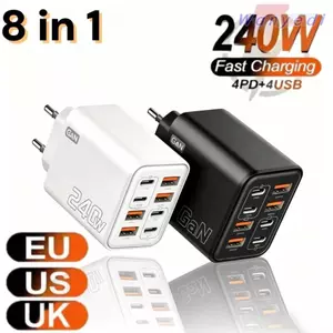 Bộ sạc điện thoại WANYEDI, phích cắm sạc GaN 8 cổng PD QC3.0 240W, Bộ sạc USB C sạc nhanh đa năng EU / US / UK 4USB + 4PD cho Huawei / /