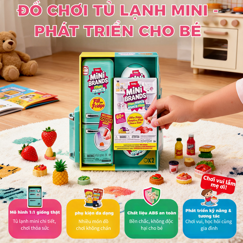 ZURU Mini Tủ Lạnh Đồ Chơi, mô phỏng thực phẩm đa dạng, đồ chơi chơi nhà cho bé, rèn luyện tư duy sáng tạo trẻ nhỏ