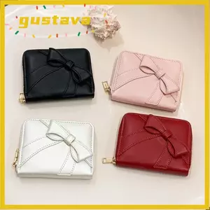 Ví Thời Trang GUSTAVA, Ví Ngắn Da PU Nơ Dễ Thương, Khe Cắm Nhiều Thẻ Di Động Màu Trơn Dây Kéo Đựng Thẻ Nữ