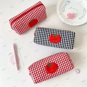 Bút Chì PYCOU, Túi Trang Điểm Vải Cà Chua Gingham, Hoạt Hình Dung Tích Lớn Sắp Xếp Lưu Trữ Túi Đựng Bút Chì Nữ Bé Gái