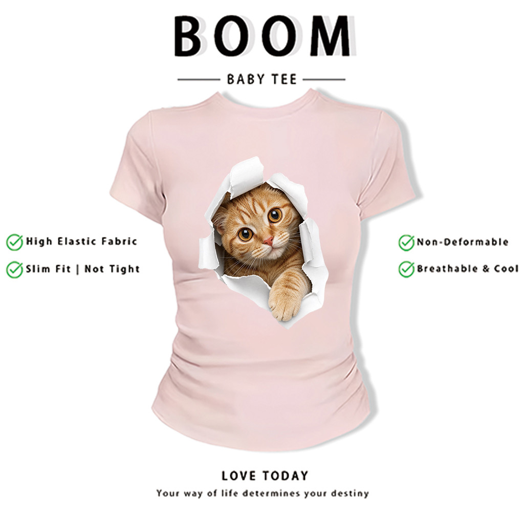 BOOM Áo Baby Tee Nữ Cotton Ôm Body-Áo Thun Ngắn Tay Y2K In Hình PhongCách Mùa Hè, Cổ Tròn Hàng Đầucách hàn quốc phong&63