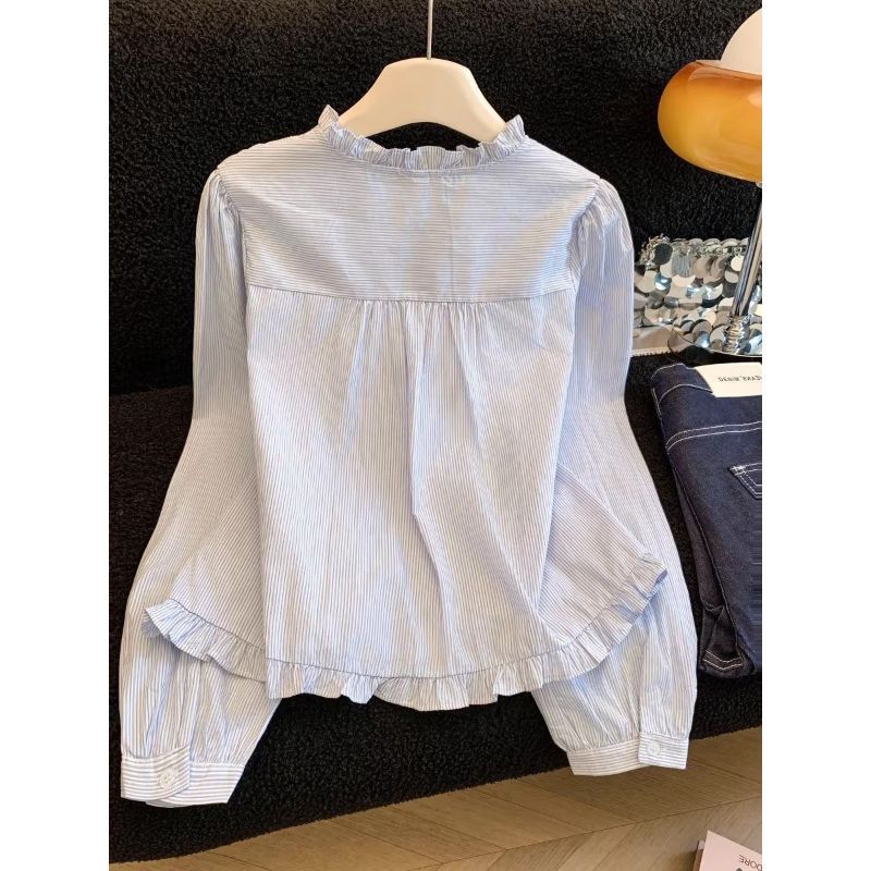 [Hàng mới về] Áo sơ mi dài tay sọc phong cách Preppy ngọt ngào Áo sơ mi dáng rộng giảm tuổi một viền sang trọng