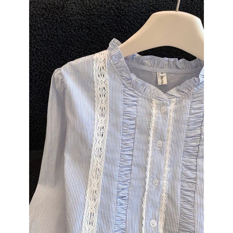[Hàng mới về] Áo sơ mi dài tay sọc phong cách Preppy ngọt ngào Áo sơ mi dáng rộng giảm tuổi một viền sang trọng