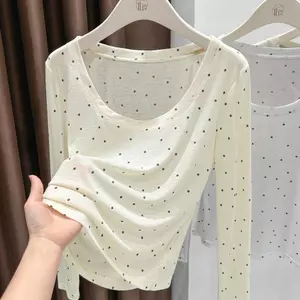 Phong cách Hàn Quốc cổ tròn chấm bi dài tay Slim-fit Giảm tuổi Slimer Nhìn mỏng hơn Áo sơ mi đáy mỏng hàng đầu