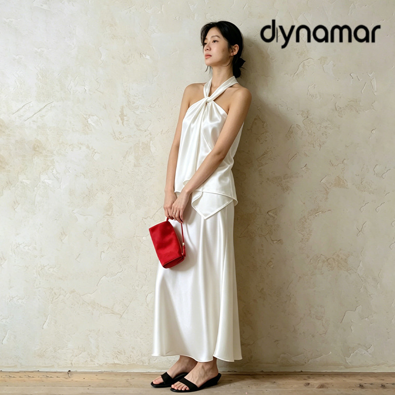 【dynamar】Áo dây không tay đơn giản dành cho nữ, chất liệu lụa bóng, cổ xéo nhiều màu