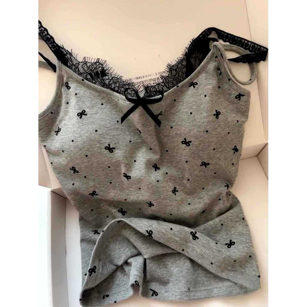 Bộ đồ ngủ nữ có đệm ngực cố định áo hai dây kèm quần short nơ dễ thương mềm mại thoáng khí mặc nhà mùa hè phong cách Hàn Quốc