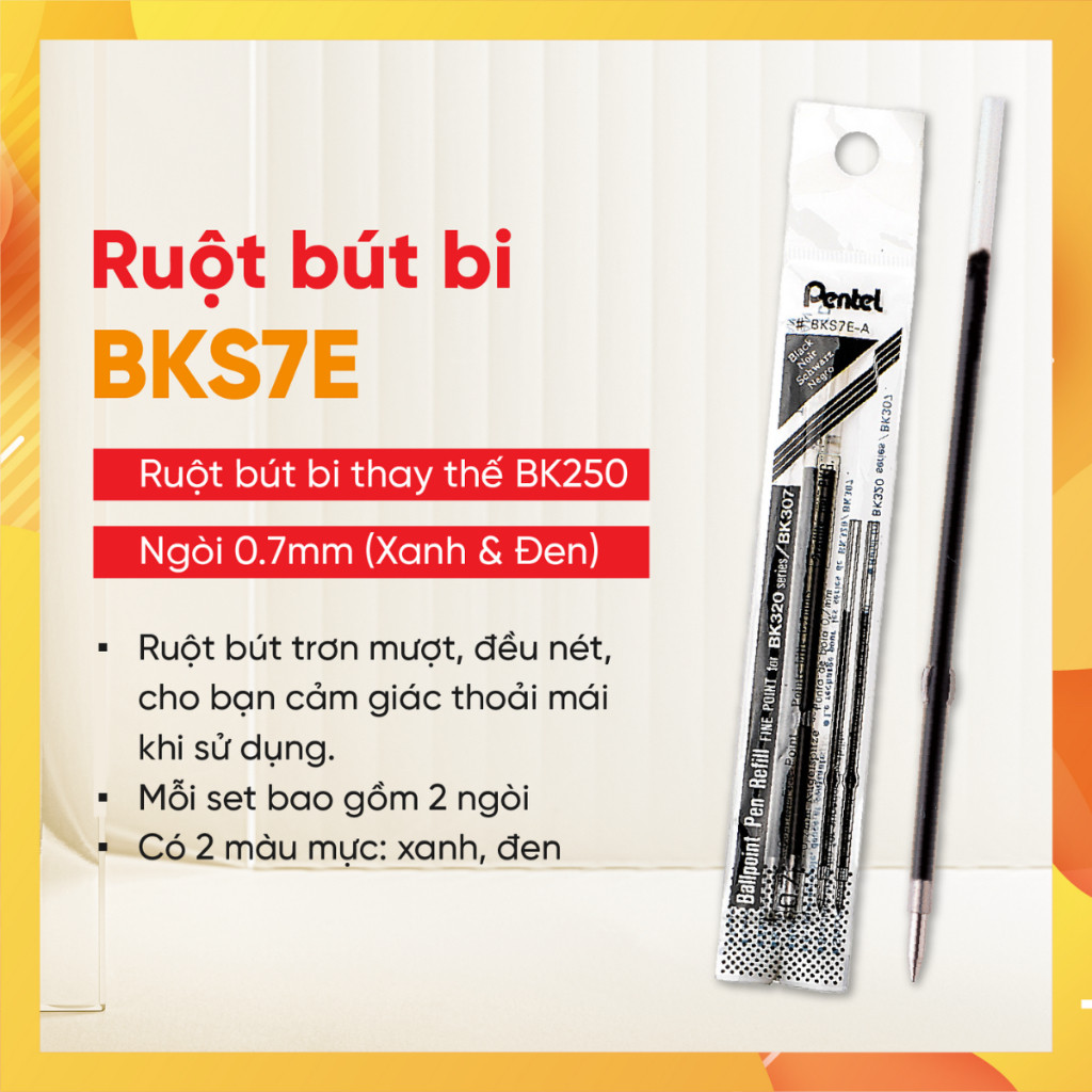 Ngòi bút Pentel BKS7E 0.7mm ruột bút bi thay thế cho bút BK250, mực xanh/đen trơn mượt