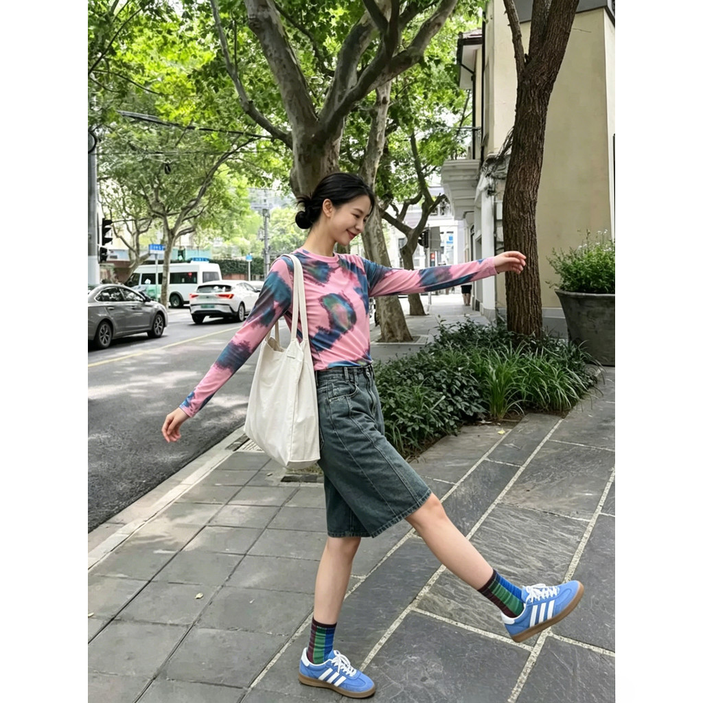 Milyfashion Loose Cao Cấp Tay Dài T Mùa Hè Phong Cách Mới Cổ Tròn Gạc Tie-Dye In Mực Smudge Kem Chống Nắng Đế