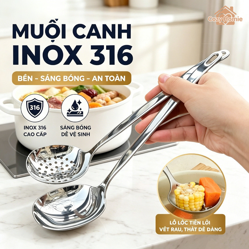 muôi múc súp muôi lẩu inox 316 an toàn thực phẩm chống gỉ bền dễ vệ bề mặt bóng dùng cho gia đình