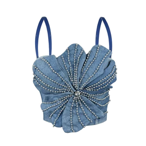 Ban Đầu Handmade Denim Hoa Xương Cá Corset Dây Xích Kim Cương Giả Trang Trí Camisole Ống Ngắn Hiệu Suất Hàng Đầu Trang Phục Nữ