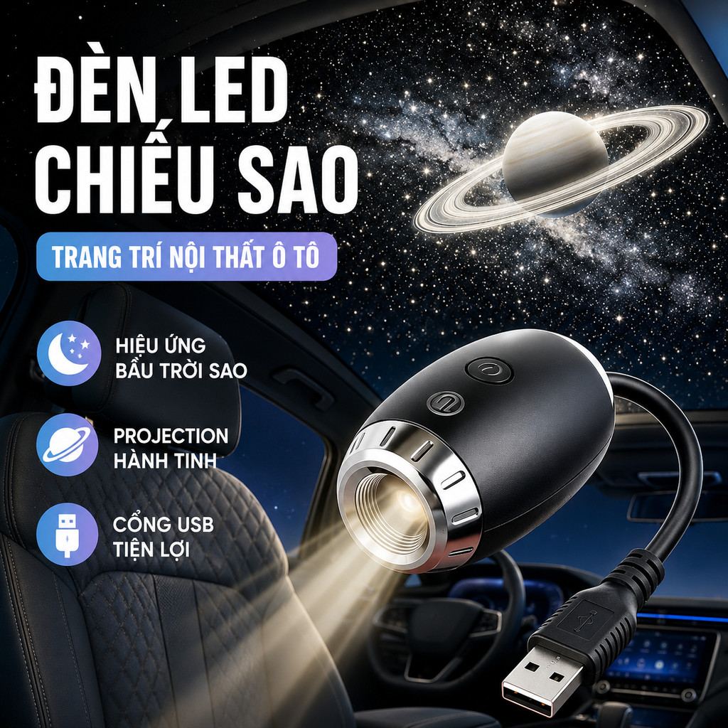 Đèn Chiếu Bầu Trời Sao USB – LED Trang Trí Trần Xe Hơi, Xoay 360°, Góc Chiếu Linh Hoạt, Cắm USB Tiện Lợi