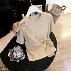 Áo thun ngắn tay gạc chắp vá hai mảnh giả cho mùa hè, thời trang và giản dị, áo giảm béo cho nữ