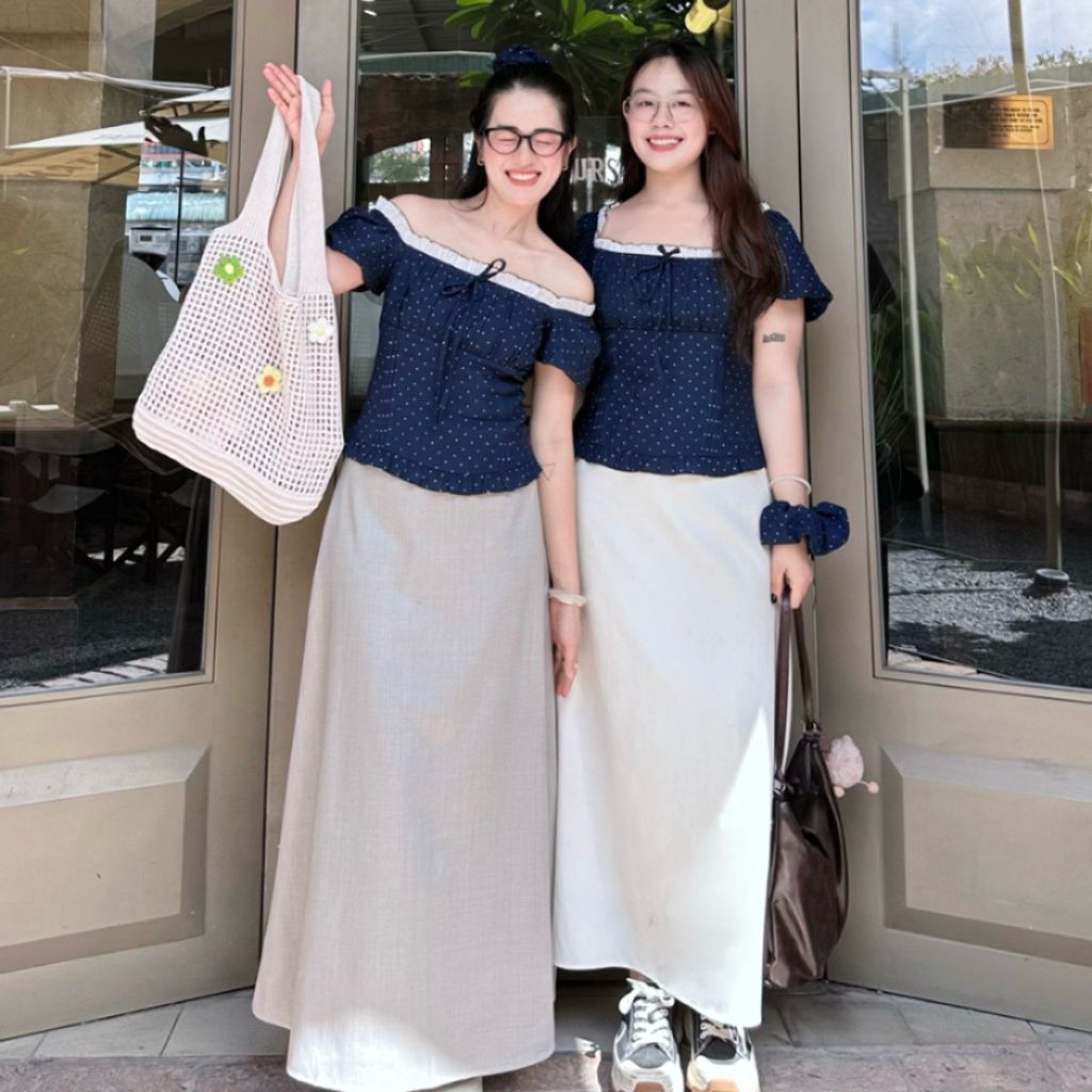 ( TẶNG KÈM SRUNCHIES) ÁO CHẤM BI PHỐI REN MẶC 2 KIỂU (CÓ BIGSIZE) M61196 - Adora 73 - Alisa95