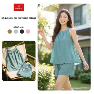 Bộ đồ mặc nhà nữ CARDINA chất liệu đũi bambo sát nách cổ yếm thêm trang trí hạt và quần đùi 6BDN03