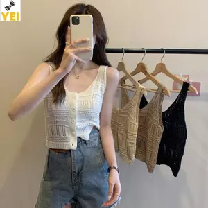 < YEI > Nữ Rỗng Ra Dệt Kim Tank Top Mùa Hè Màu Trơn Không Tay Nút Ôm Crop Top Mới