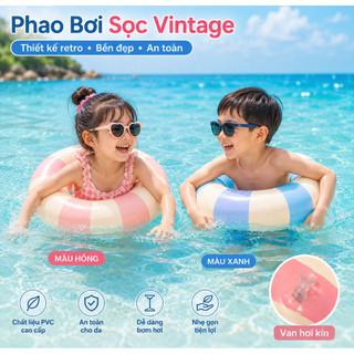 Phao Bơi Biển Tròn Vintage Sọc Xanh Kem, Phao Bơi Cứu Hộ, Phao Bơi Cho Bé