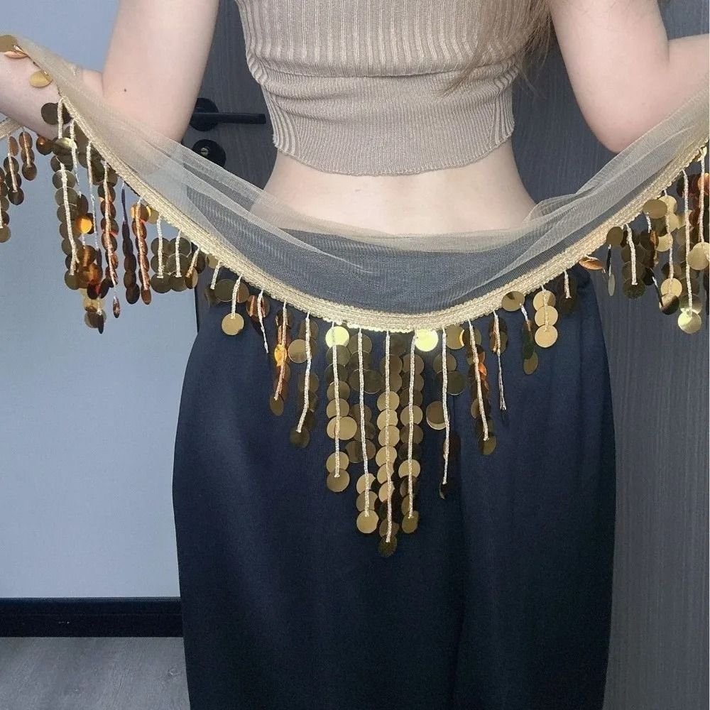 TRACEILLOIAN Tua Rua Quấn Eo, Lưới Đế Vải Có Thể Điều Chỉnh Dây Buộc Sequin Hip Khăn, Hip Hop Tua Rua Dài Viền Bất Đối Xứng Cắt Cymbal Kim Sa Lấp Lánh Sân Khấu Dây Xích Eo Hiệu Suất Kpop