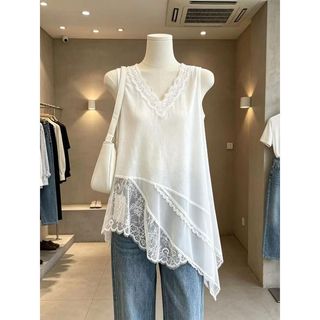 [Hàng mới về] Mùa hè Phong cách mới dáng rộng che thịt mỏng hơn trông khâu ren vát viền áo Vest không tay