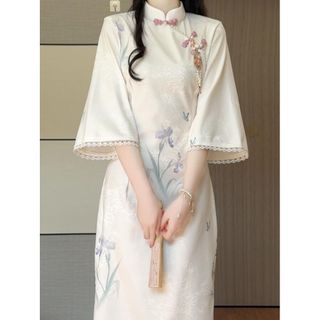 Sườn Xám Cách Tân Tay Lửng Rộng Phối Ren - Váy Tiểu Thư Tôn Dáng