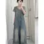 Quần yếm Denim dáng rộng thông thường ngọt ngào phong cách Hàn Quốc