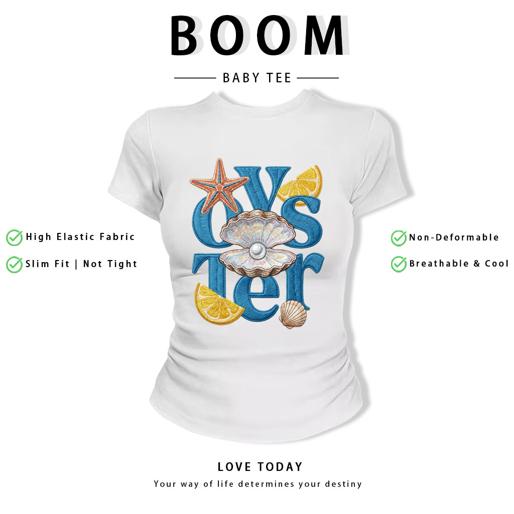 BOOM Áo Baby Tee Nữ Cotton Ôm Body-Áo Thun Ngắn Tay Y2K In Hình PhongCách Mùa Hè, Cổ Tròn Hàng Đầucách hàn quốc phongV63