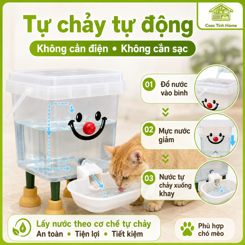 Máy Phun Nước Tự Động 3L/5L Trong Suốt Cho Thú Cưng, Bình Uống Có Bát Cho Chó Mèo Chất Liệu PP Dễ Làm Sạch