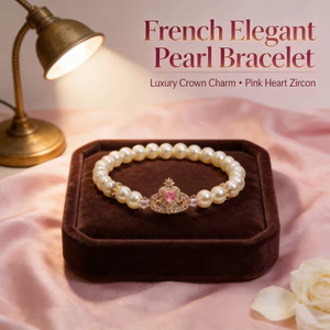 Vòng tay ngọc trai nữ - Charm vương miện thanh lịch kiểu Pháp (Zircon hình trái tim hồng) Hạt đệm pha lê Gold Accent - Trang phục hàng ngày tối giản sang trọng