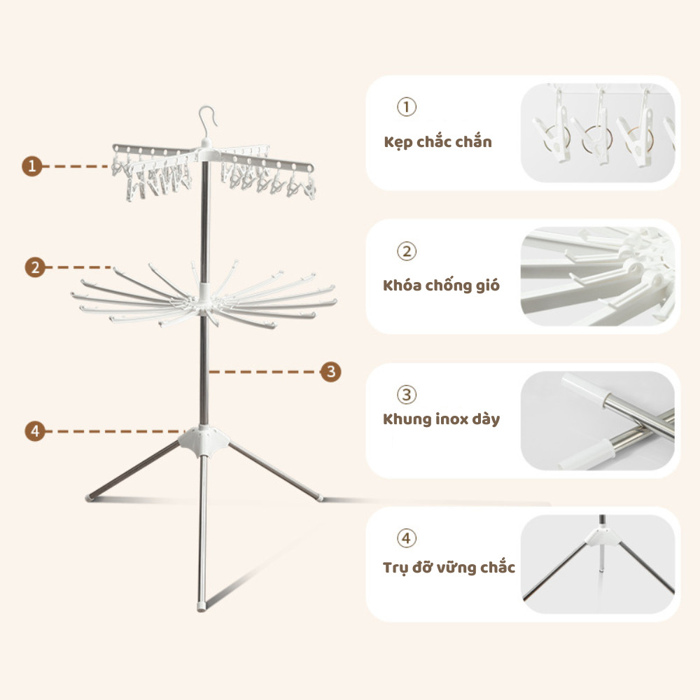 Cây Phơi Quần Áo Trẻ Em HomeMate 3 Tầng Inox 170cm, Giá Phơi Đồ Sơ Sinh 48 Kẹp Xoay 360° Gấp Gọn