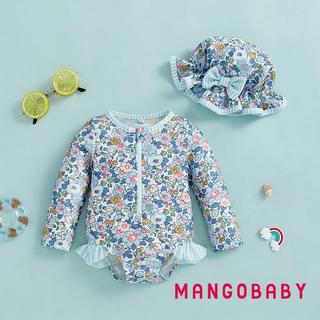 MG-Baby Girl Rash Guard Đồ bơi dài tay in hoa Bộ đồ tắm cho trẻ sơ sinh Đồ bơi có mũ chống nắng nơ