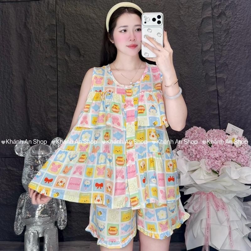 SA.Le KA124- Đồ Bộ Tole Lanh Nữ  Mặc Nhà Áo Sát Cánh Tầng Quần Đùi Size 40-80kg Hoạ Tiết Hoa Hình D8
