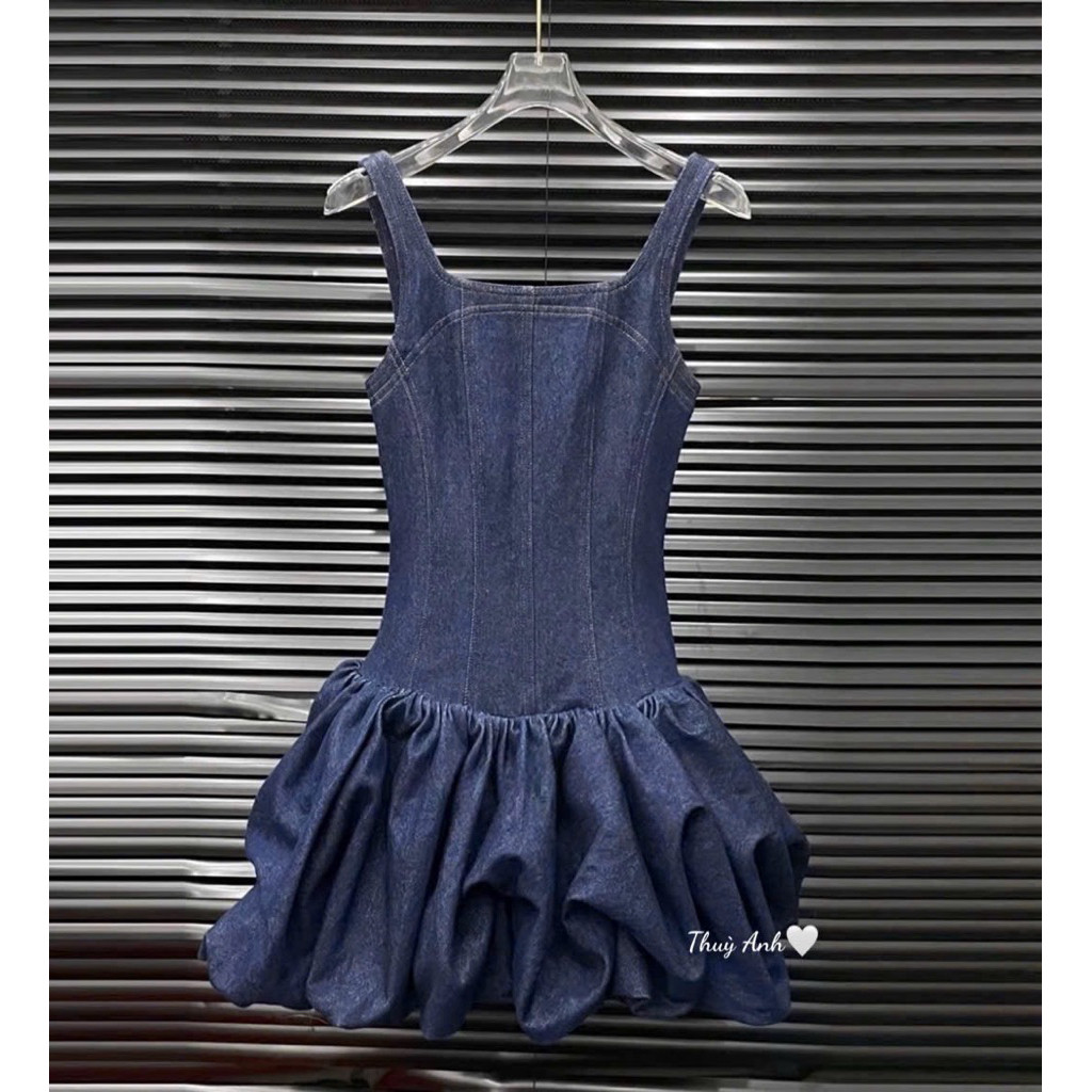 ĐẦM JEAN 2 DÂY XOÈ FORM BÍ, 1màu BYJOLIE