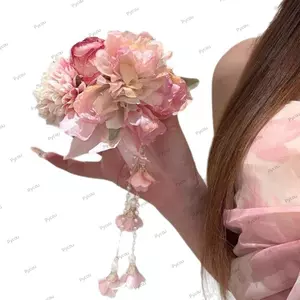 Phụ kiện tóc PYCOU Tua Rua Hanfu, Thiết kế thanh lịch Mũ nón đầy màu sắc Kẹp tóc hoa, Trang trí ngọc trai thanh lịch Hoa hồng Phong cách tươi mát Mũ đội đầu dự tiệc