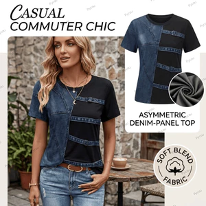 Áo thun in hình PYCOU, Áo thun cotton ngắn tay sọc chéo, thời trang cổ tròn quá khổ Denim chắp vá hàng đầu Quần áo nữ