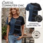 Áo thun in hình PYCOU, Áo thun cotton ngắn tay sọc chéo, thời trang cổ tròn quá khổ Denim chắp vá hàng đầu Quần áo nữ