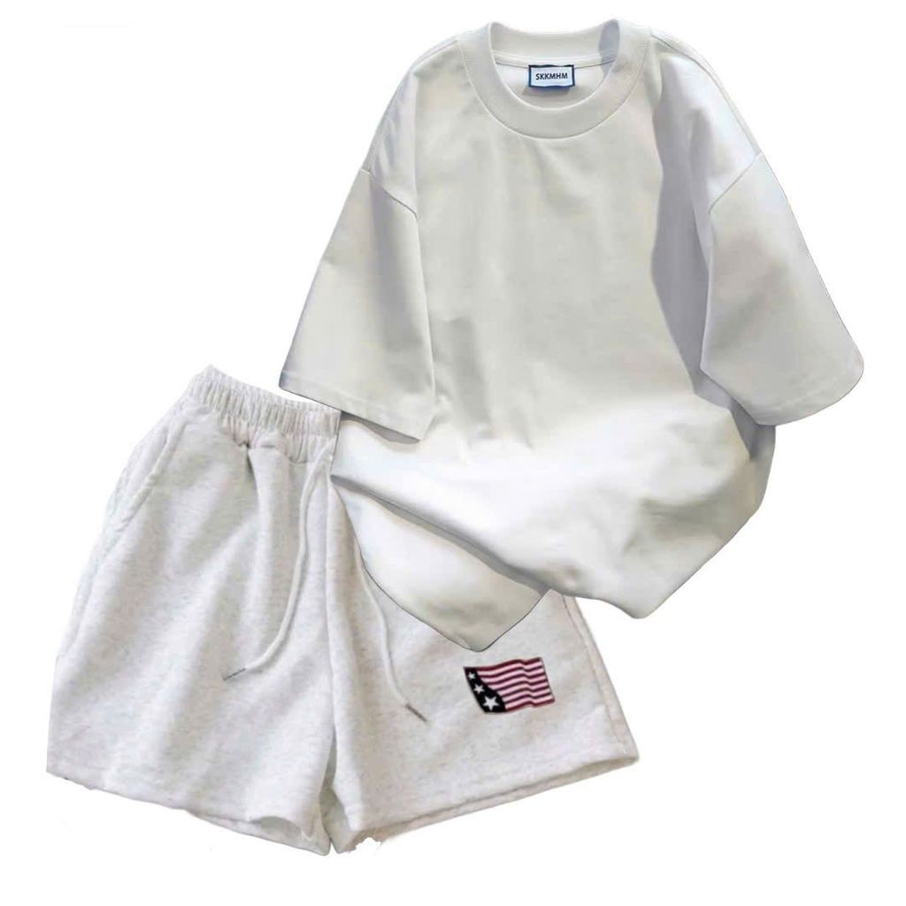 sét bộ đồ nữ quần đùi cộc xám tiêu cờ mỹ dáng ngắn + mix áo phông trơn form nam nữ unisex