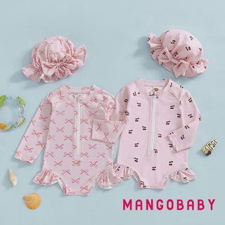 MG-Baby Girl Rash Guard Đồ bơi dài tay Nơ / Bộ đồ tắm in hình anh đào Đồ bơi trẻ sơ sinh có mũ chống nắng