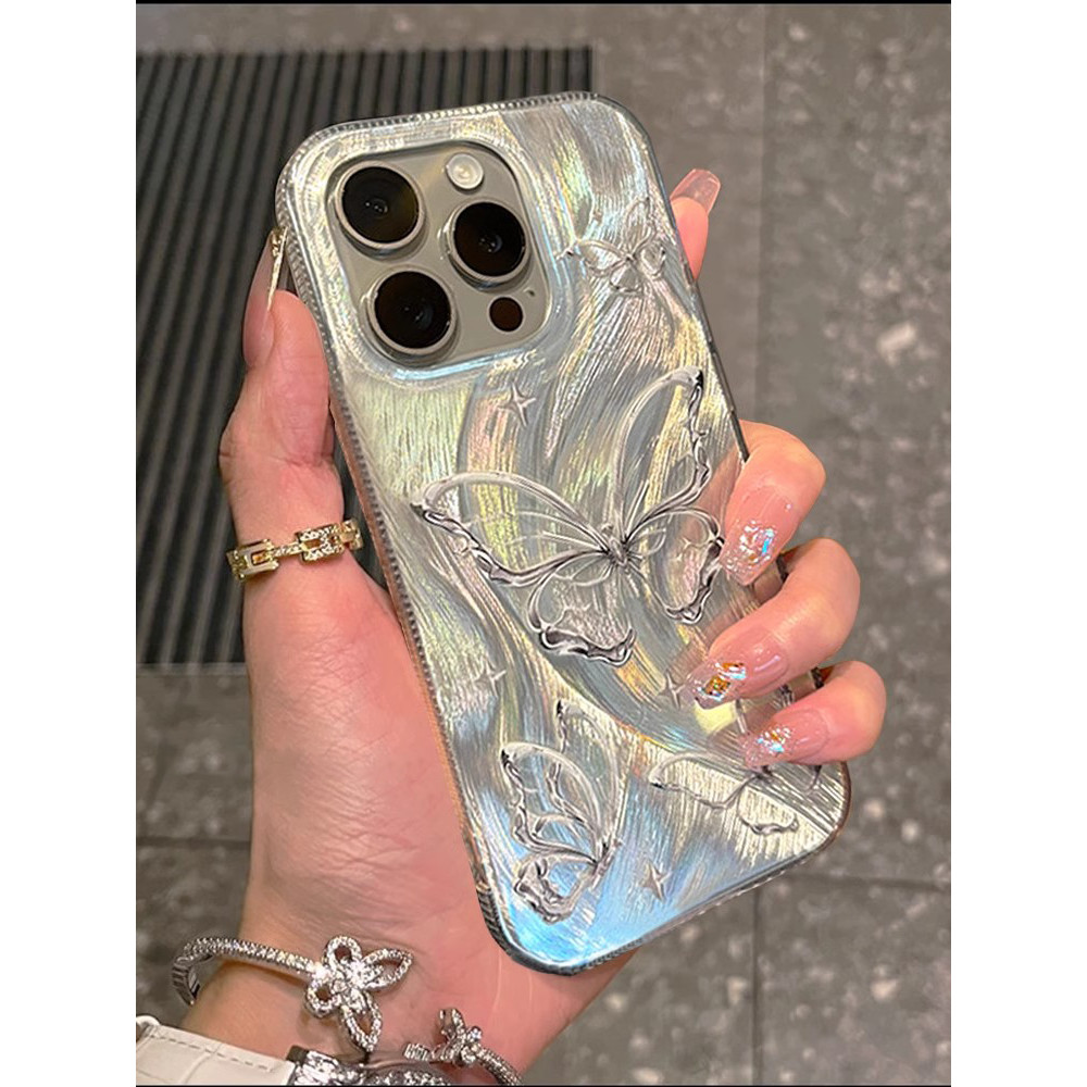 Ốp lưng bướm bạc cao cấp phong xuân cho iPhone 17/16/15/14Vỏ lông vũ