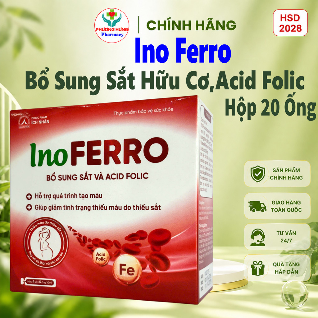 Ino Ferro Ích Nhân Bổ Sung Sắt Hữu Cơ,  Acid Folic Giảm Tình Trạng Thiếu Máu Do Thiếu Sắt-Hộp 20 Ống