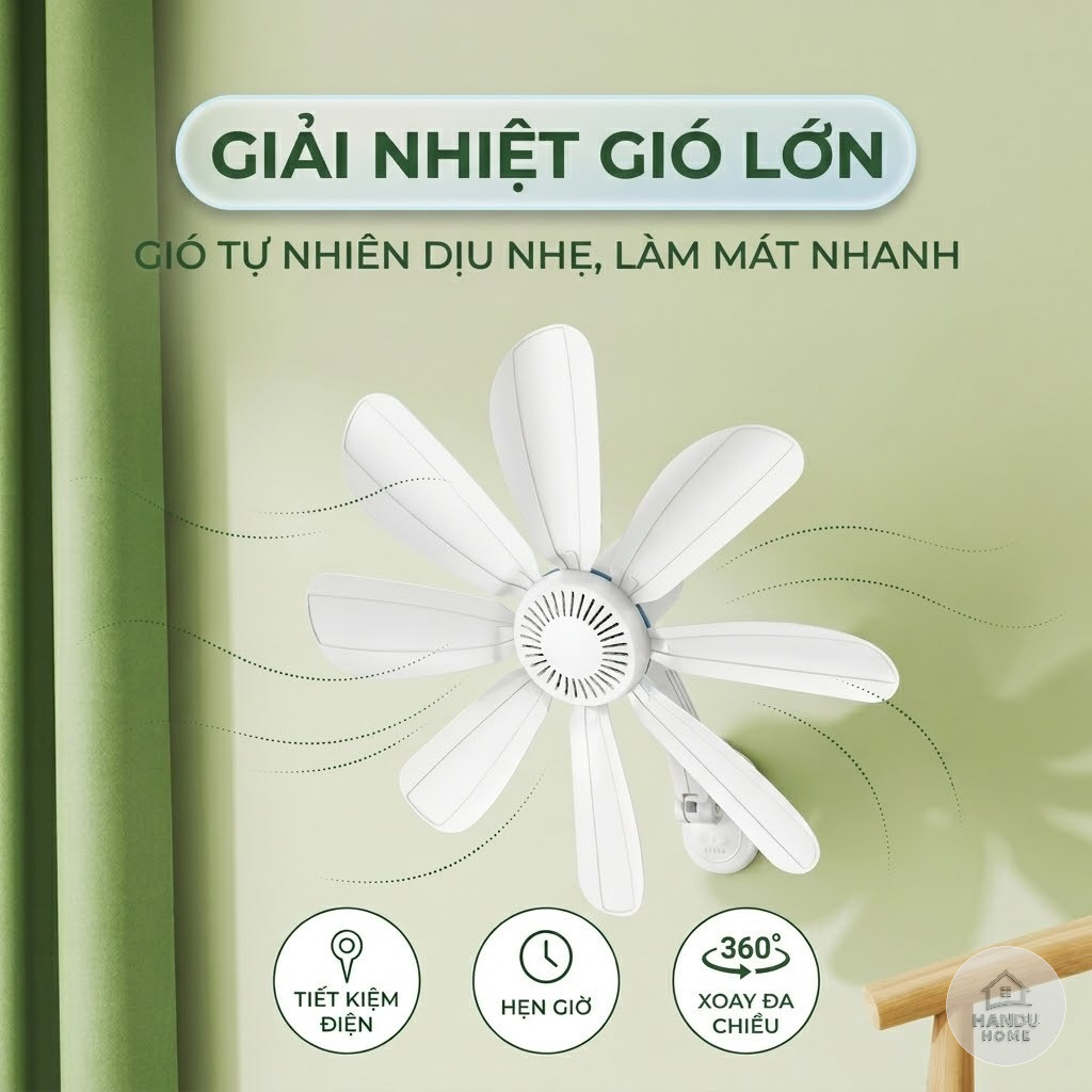 Quạt Treo Tường 8 Cánh Xoay 360 Độ Không Tiếng Ồn 220V/50Hz, Quạt Treo Nhà Vệ Sinh, Nhà Bếp - Tặng Dây Nối 4,5m