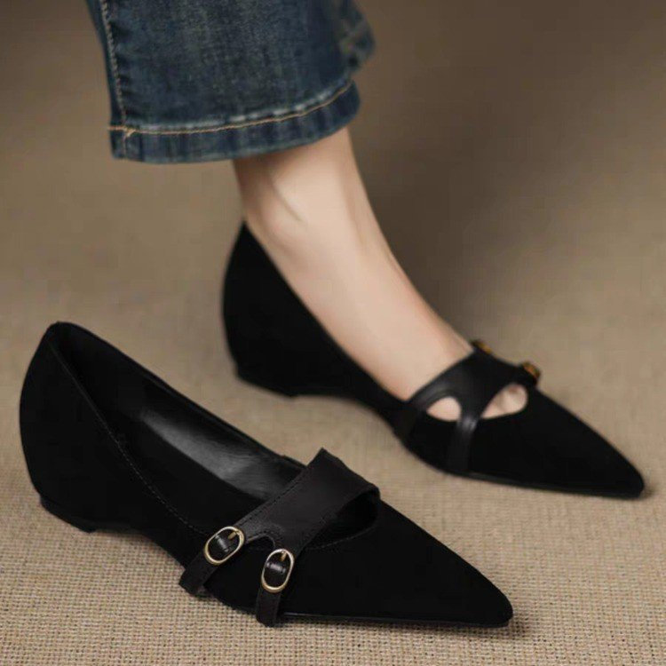 Thời Trang Phong Cách Mới Thấp Giày Slip On Bên Trong Tăng Chiều Cao PU Mũi Nhọn Miệng Nông Giày Cao Su Nữ Thoải Mái Mặc Bên Ngoài Chống Trơn Trượt Chống Mài Mòn Nhà Máy Giá Bán Buôn
