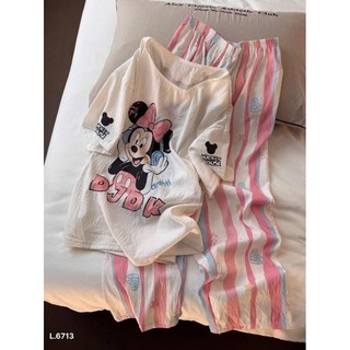 Set áo phông mickey mix quần suông kẻ hồng
